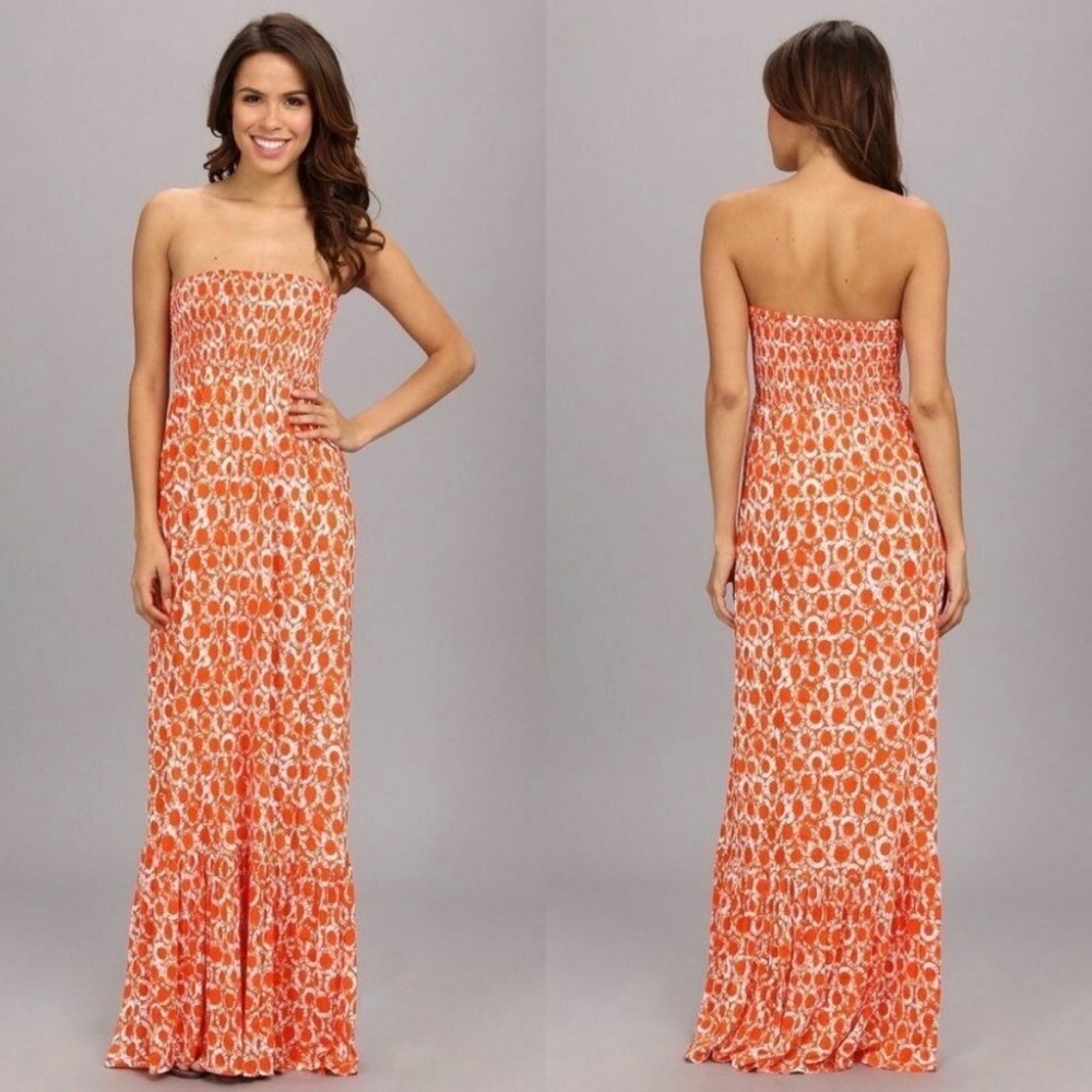 Michael Kors Tiered Maxi Dress Smocked Strapless Orange Size XS Bohemian Boho